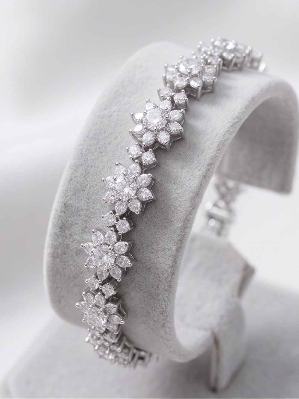 Diamond Flower Cluster Tennis Bracelet - White Gold Tone size 7